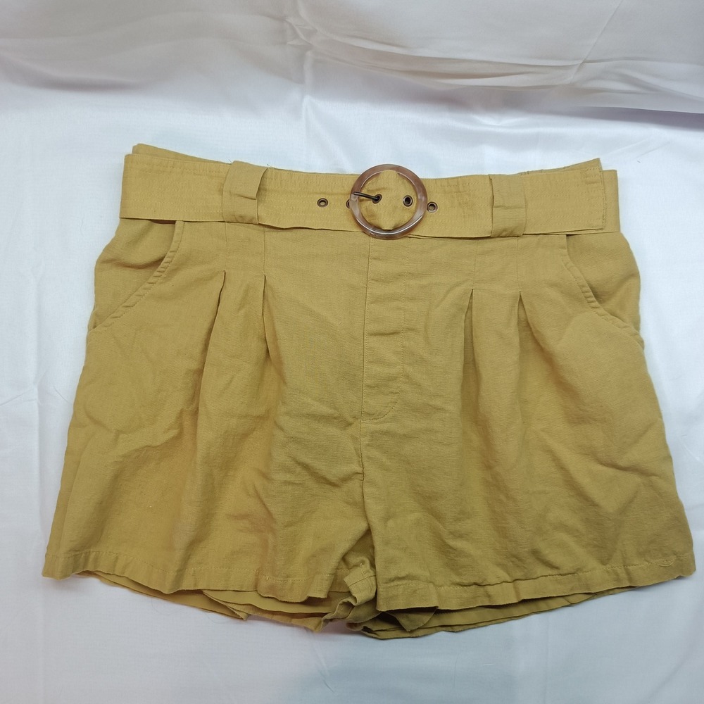 American Eagle Mustard Belted Pleated Linen Blend Shorts Womens L Lined Casual